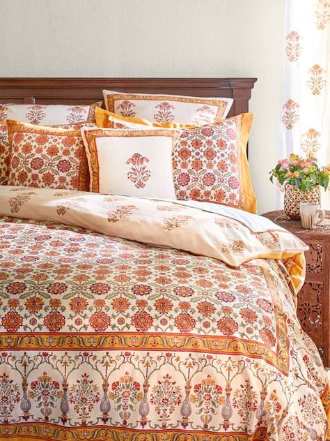 Review of this Saffron Marigold Orange Blossom ~ Mediterranean Floral Orange Duvet Cover. This Indian block print fabric is handcrafted and makes for georgeous luxury bedding. Visit my blog post for the full review and giveaway. Orange Duvet, Orange Duvet Covers, Orange Curtains, Orange Bedding, Fall Bedding, Bedroom Orange, Orange Decor, Floral Bedding, Cotton Duvet Cover