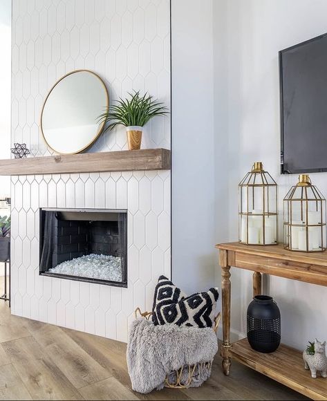 Fireplace Tile Boho, Fireplace Makeover Transitional, White Tiles Fireplace, White Tile Fireplace With Wood Mantle, Fireplace With Picket Tile, Wood Mantel On Tile Fireplace, Updating Tile Around Fireplace, Boho Modern Fireplace, Modern Rustic Fireplace Tile