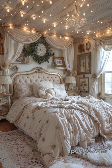 Shabby Chic Bedroom: Embracing Vintage Elegance - Puqqu Lace Bedroom Decor, Chic Cottage Bedroom, Farmhouse Shabby Chic Bedroom, French Shabby Chic Bedroom, Shabby Chic Bedroom Ideas, Vintage Shabby Chic Bedroom, Bedroom Modern Luxury, Bloxburg Interior, Luxury Ideas