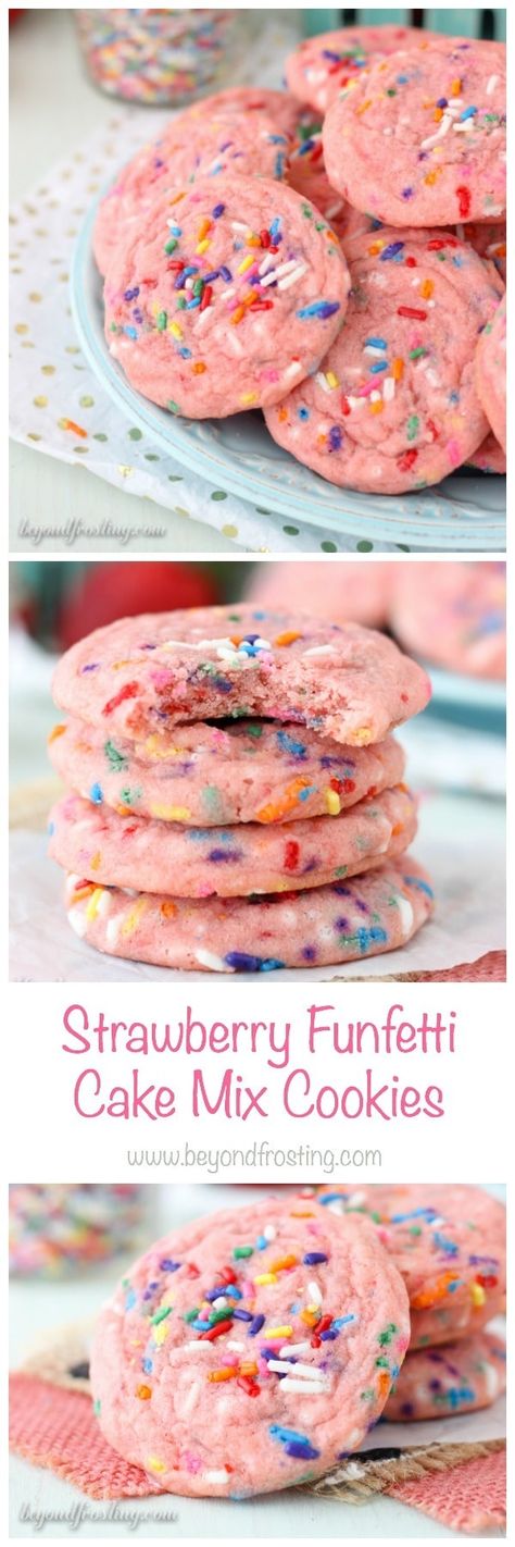 Take your funfetti cookies to the next level with the strawberry cake mix. These Strawberry Funfetti Cake Mix Cookies are so soft and chewy, they will be your new favorite cookie. Strawberry Funfetti Cake, Cookies From Cake Mix Recipes, Birthday Cake Strawberry, Funfetti Cake Mix Cookies, Beyond Frosting, Funfetti Cookies, Funfetti Cake Mix, Strawberry Cake Mix, Slow Cooker Desserts