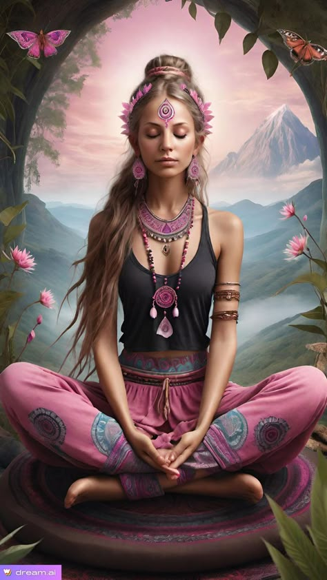 woman in yoga meditation. #aiart #picture #aicreation #aigenerativart #digitalart #fantasyworld #art #aiartgallery #artificialintelligence #Fantasie #portrait #aesteticart Arte Ganesha, Meditation Art Spirituality, Mundo Hippie, Ethereal Nature, Yoga Studio Design, Spiritual Yoga, Photographie Portrait Inspiration, Meditation Art, Hippie Life