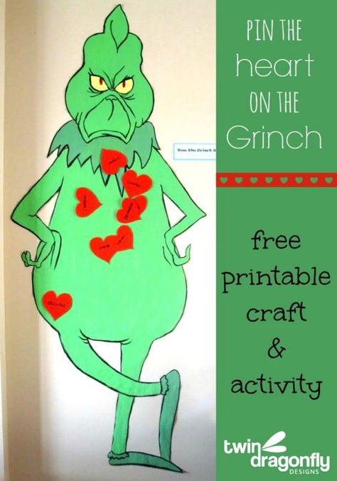 Pin the Heart on the Grinch Who Stole Christmas Party Activity with free Printable. #tgwsc Grinch Crafts, Der Grinch, School Christmas Party, Christmas Party Activities, Grinch Christmas Party, Whoville Christmas, Grinch Who Stole Christmas, Grinch Party, Grinch Christmas Decorations