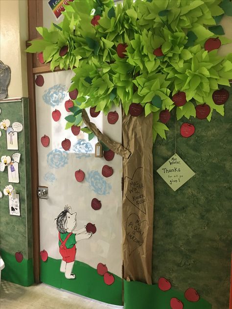 The Giving Tree. Teacher appreciation door decoration Tree In The Classroom Ideas, Classroom Door Tree Ideas, The Giving Tree Classroom Door, The Giving Tree Door Decoration, Tree On Classroom Door, The Giving Tree Bulletin Board, Tiny Seeds Grow Mighty Trees Bulletin, Tree Classroom Decorations, Giving Tree Bulletin Board