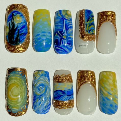 Van Gogh Inspired Nail Art, Van Gogh Inspired Nails, Hand Paint Nail Art, Starry Night Nail Art, Van Gogh Nail Art, Nails Starry Night, Van Gogh Nails, Starry Night Nails, Night Nails