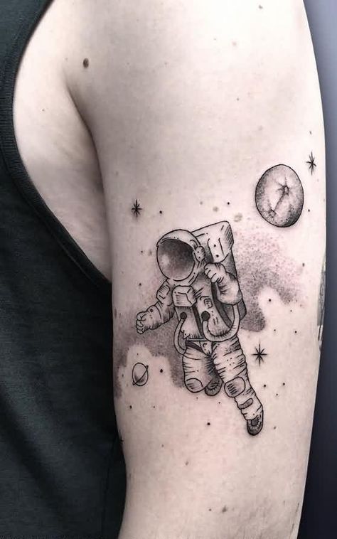 Astronaut floating in space. Trash Polka Tattoos, Astronaut Tattoo, Circle Tattoos, Planet Tattoos, Galaxy Tattoo, Meaningful Tattoos For Women, Alien Tattoo, Small Meaningful Tattoos, Trash Polka