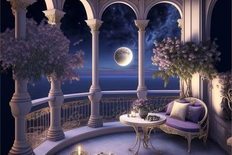 Castle Balcony Aesthetic Night, Royal Balcony Aesthetic Night, Night Palace Fantasy Art, Balcony Fantasy Art, Castle Balcony Night, Fantasy Balcony, Princess Balcony, Castle Balcony, Palace Balcony