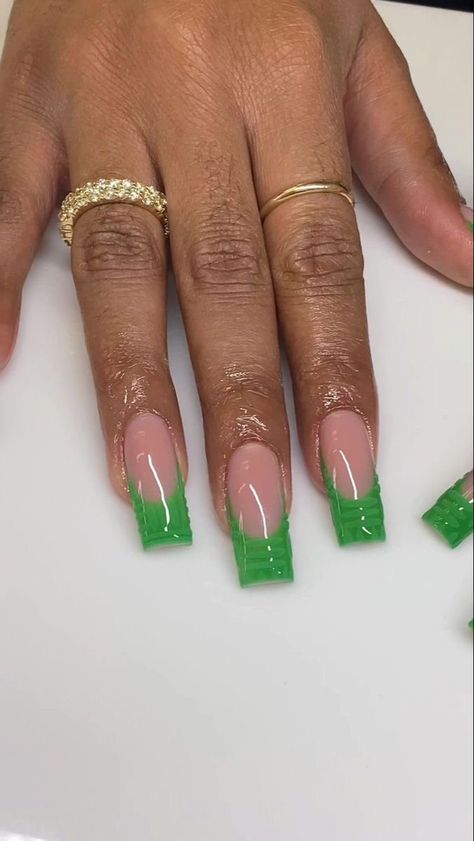 Neon Green Nails, Green Acrylic Nails, French Tip Acrylic Nails, French Acrylic Nails, Classy Acrylic Nails, Dope Nail Designs, Exotic Nails, Acrylic Nails Coffin Pink, Long Square Acrylic Nails