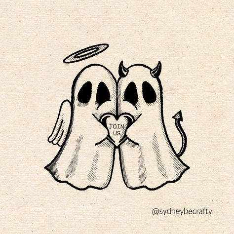 Ghost Love Tattoo, Ghost Besties Drawing, Cute Sheet Ghost Tattoo, Lil Ghost Drawing, Matching Ghost Tattoos For Couples, Ghost Couple Drawing, Ghost Flash Tattoo, Angel And Devil Tattoo, Cute Ghost Tattoo