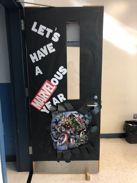 Marvel, classroom doors Marvel Avengers Classroom Theme, Avenger Classroom Theme, Marvel Door Decorations Classroom, Marvel Theme Classroom, Marvel Classroom Theme, Marvel Classroom, Superhero Classroom Door, Middle School Classroom Themes, Business Education Classroom