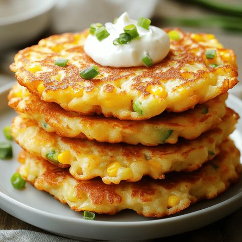 Enjoy quick and easy corn fritters with fresh ingredients. Perfect for a snack or appetizer, these fritters are deliciously crispy! Corn Fritters With Jiffy, Jiffy Mix Corn Fritters Easy, Creamed Corn Fritters Recipe, Cream Corn Fritters, Corn Fritters Recipe, Corn Fritter, Sweet Corn Fritters, Corn Fritter Recipes, Jiffy Mix