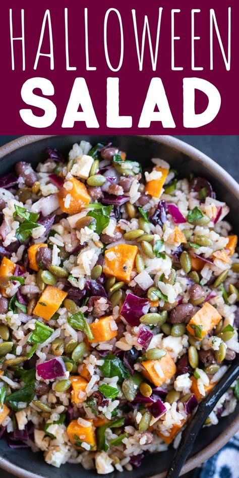 If you're looking for a healthy, savory option to celebrate Halloween with this year, you've got to make my Halloween Salad with Rice and Veggies! It's made using Halloween colored ingredients and tossed with a fall flavored apple cider vinegar dressing. Serve as a side dish at your halloween party or bring for healthy and filling work lunches throughout the week. #halloweensalad #ricesalad #worklunch #mealprep #vegetarian #glutenfree Halloween Salad Ideas, Halloween Salads, Halloween Pasta Salad, Halloween Salad, Apple Cider Vinegar Dressing, Salad With Rice, Cider Vinegar Dressing, Halloween Pasta, Rice And Veggies