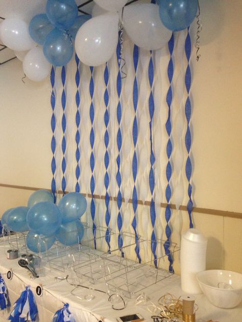 Easy to do streamer background for any party Streamer Background, Blue Streamers, Grad Decorations, Streamer Decorations, Twins 1st Birthdays, Birthday Decor, Baby Showers, Birthday Decorations, Blue And Silver