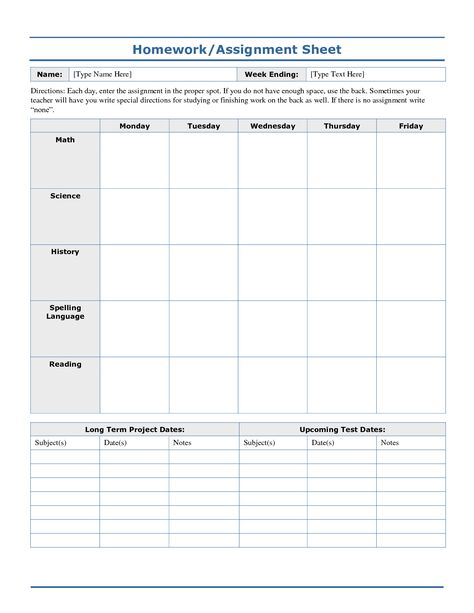 Weekly+Homework+Assignment+Sheet+Template School Homework Planner, Weekly Homework Sheet, Personal Mission Statement Examples, Homework Template, Homework Checklist, Free Printable Behavior Chart, Homework Log, Special Education Organization, Homework Chart