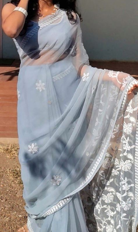 Light Blue Saree Aesthetic, Pastel Colour Saree For Farewell, Blue Saree Aesthetic, Grad Saree, Farewell Aesthetic, Light Blue Saree, Diwali Poses, Farewell Saree, Sky Blue Saree