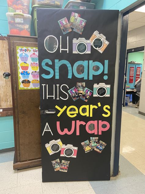 Eoy Bulletin Boards, Art Themed Classroom Door, Classrooms Doors Ideas, Welcome Classroom Door Ideas Middle School, New Year Daycare Door, Bulliten Board Ideas Back To School, May Classroom Decorations, Classroom Door For Fall, Oh Snap This Years A Wrap Bulletin Board