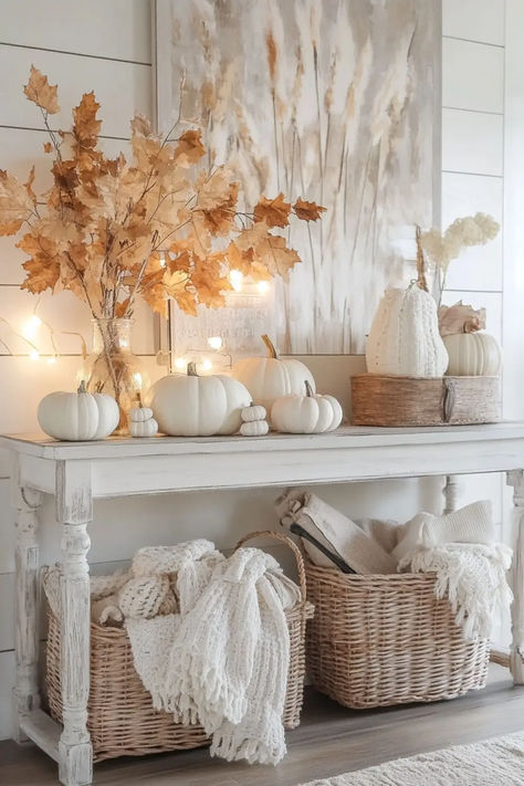 Ready to make your home a beautiful fall spot this season? Discover my fall decorating ideas that instantly elevate your space. From warm color palettes, to easy fall decor displays, to creative DIY projects, I show you how to bring the beauty of autumn to your home. Dive in and get inspired to create a fall haven you'll love! RealEstateSpice.com #FallDecorating Fall Decor 2024, White Fall Decor Ideas, White Fall Decor, Farmhouse Fall Decor Ideas, Neutral Fall Decor Ideas, Valentines Home Decor, Fall Living Room Ideas, Cozy Fall Living Room, Warm Color Palettes