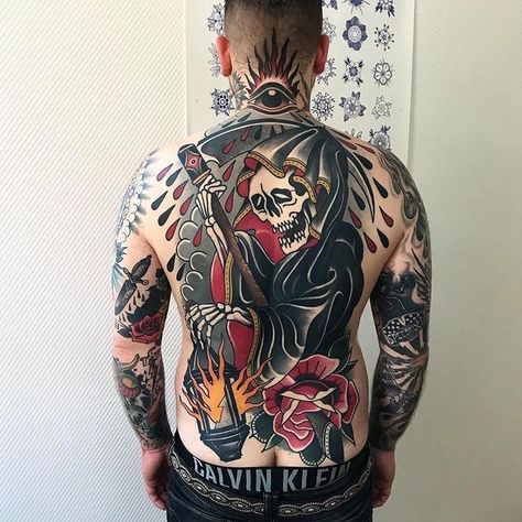 Traditional Tattoo Back Piece, Back Piece Tattoo Men, Traditional Back Tattoo, Traditional Chest Tattoo, Mens Body Tattoos, Backpiece Tattoo, Traditional Tattoo Inspiration, Neotraditional Tattoo, Back Piece Tattoo