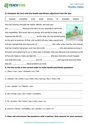 ESL Healthy Habits Worksheet - Writing and Vocabulary Exercises: Categorising, Writing Sentences - Speaking Activity: Asking and Answering Questions - Pair Work - Pre-intermediate (A2) - 25 minutes In this detailed health and fitness worksheet, students learn and practice adjectives and other vocabulary related to health and fitness. Habits Worksheet, Healthy Habits Worksheet, Fitness Worksheets, Health Worksheets, Vocabulary Exercises, Health Day, Esl Activities, Social Studies Worksheets, Speaking Activities