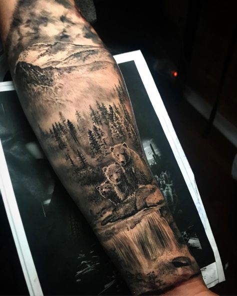 Bear family nature scene by Dylan Weber, an artist based in Sydney, Australia. Wolf Scene Tattoo, Forest And River Tattoo, Bear River Tattoo, Family Of Bears Tattoo, Forest Scene Tattoo, Forest Mountain Tattoo, Mountain River Tattoo, Mountain Scene Tattoo, Mountains Tattoo