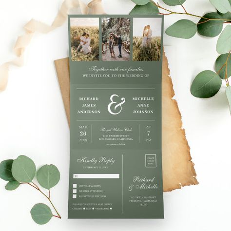 Sage Green Minimal 3 in 1 Photo Collage Wedding Tri-Fold Invitation Wedding Invitation Cards Simple, 1 Photo Collage, Photo Collage Wedding, Fancy Cursive, Wedding Typography, Wedding Announcement Cards, Green Themed Wedding, Green Wedding Invitations, Sage Green Wedding