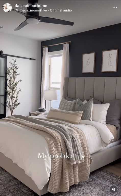 Bedroom Gray Bed Frame, Black Nightstand Grey Headboard, Gray Headboard Black Nightstand, Guest Bedroom Dark Grey Headboard, Master Bedrooms Decor Gray Headboard, Dark Gray Headboard Bedroom Decor, Grey Headboard Beige Bedding, Dark Grey Bedroom Decor, Gray Bed Ideas