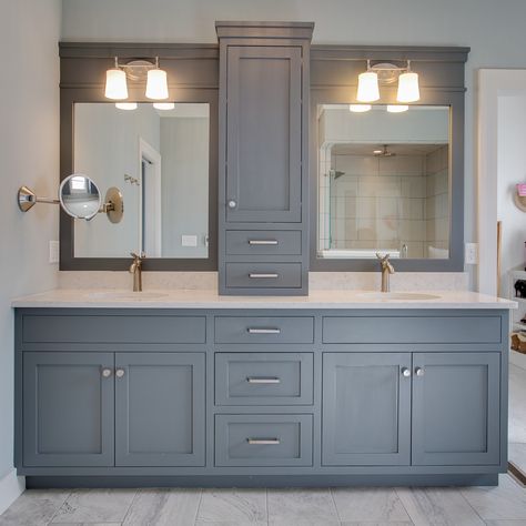 Steel Blue Bathroom, Stone Construction, Craftsman Bathroom, Blue Bathroom Vanity, Bathroom Cabinets Designs, Master Bath Vanity, Full Bathroom Remodel, Bathroom Vanity Designs, Money Pit