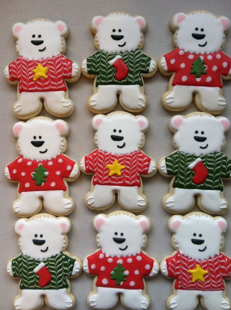 Christmas Bear Cookies, Bear Cookies Decorated, Gingerbread Icing, Royal Icing Cookies Recipe, Gingerbread Design, Christmas Sugar Cookies Decorated, Teddy Bear Cookies, Cute Christmas Cookies, Royal Iced Cookies