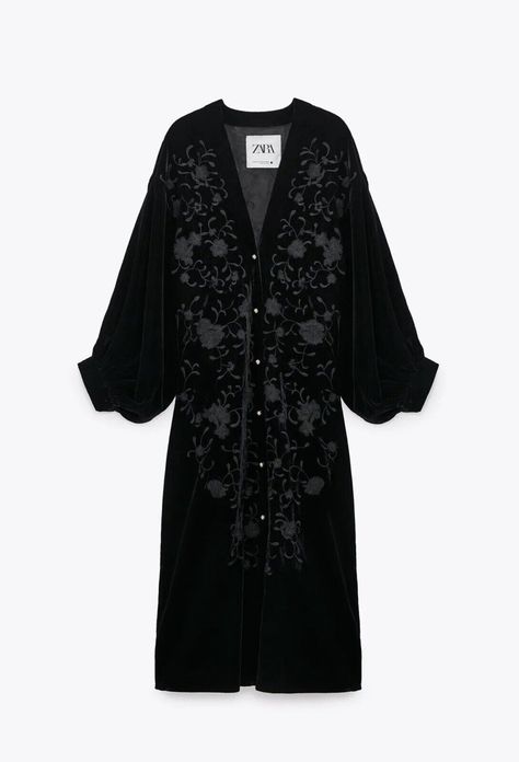 Zara Embroidered Dress, Zara Maxi Dress, Kimono Outfit, Mode Kimono, Velvet Kimono, Embroidered Kimono, Embroidered Velvet, Playsuit Dress, Velvet Trousers