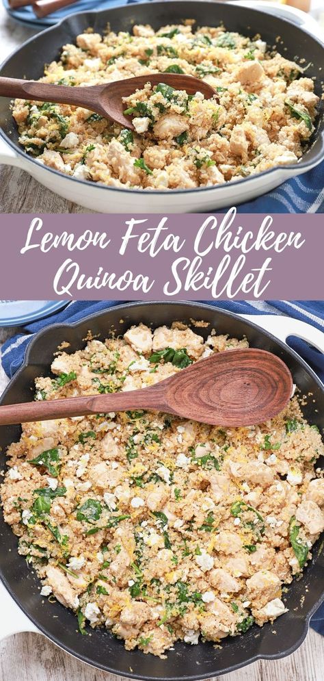 lemon feta chicken quinoa skillet dish in a white cast iron skillet Lemon Feta Chicken, Chicken Quinoa Recipes, Quinoa Skillet, Quinoa Recipes Healthy, Feta Chicken, Chicken Quinoa, Feta Recipes, Mediterranean Diet Recipes, Quinoa Recipes