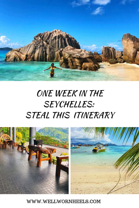 The Seychelles is paradise. It is an island nation on the Indian Ocean off the coast of East Africa. Looking to go and not sure where to start?  This guide shares the best time to visit, how to get to the seychelles, a one week itinerary, how to travel between islands, where to stay and what to do.   You're guaranteed the best honeymoon, or baecation, with this guide!   #honeymoon #indianocean #seychelles #beach #millenialtravel #blacktravel #travelguide #mahe #ladigue #praslin Seychelles Travel Guide, Seychelles Mahe Island, Honeymoon Seychelles, Seychelles Itinerary, Seychelles Vacation, Seychelles Honeymoon, Seychelles Travel, Seychelles Beach, Seychelles Islands