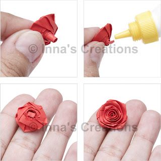 Folded rose, steps 9-12 (written directions on post)---"In order to create a rose like one in the picture, you will need a 3/8"-wide (~1 cm), 12"-long (~30 cm) strip of paper, a quilling tool and glue." Rose Quilling, Quilled Rose, Quilling Flowers Tutorial, Quilled Roses, Quilling Comb, Neli Quilling, Quilled Jewellery, Quilled Creations, Quilling Tutorial