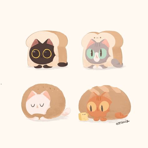 Cat and Bread Cute Cat Illustration, Cat Hacks, Animal Doodles, Cat Character, Cute Kawaii Drawings, 판타지 아트, Cute Animal Drawings, Kawaii Drawings, Illustration Character Design