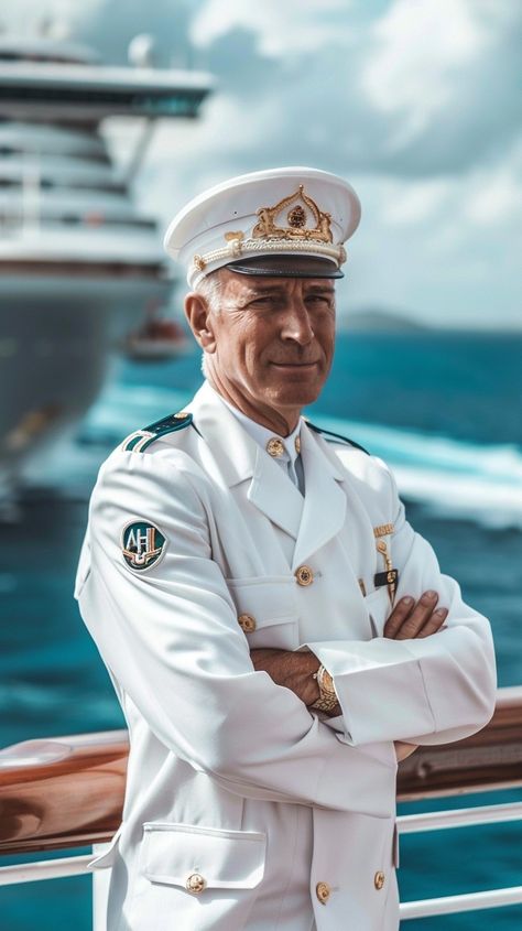 Captain at Sea: A proud ship's captain in full uniform stands thoughtfully on deck with the ocean behind. #captain #uniform #sea #ocean #ship #maritime #nautical #authority #aiart #aiphoto #stockcake https://ayr.app/l/8oqJ Captain Uniform, Ship Captain, Foodie Photography, Sea Captain, Boat Captain, Successful Women, Sea Ocean, Good American, Photography Branding