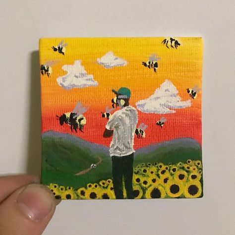 matt’s mini paintings on Instagram: ““Flower Boy” - @feliciathegoat  painted by @mattmirro  acrylic on 3x3in canvas . . . . . #tylerthecreator #flowerboy #igor #newmusic #art…” Simple Flower Art Painting, Matte Acrylic Painting Ideas, Flowerboy Painting, Painting Ideas Album Covers, Cool Album Covers To Paint, Painting Ideas On Mini Canvas, Igor Painting, Album Cover Paintings On Canvas, Mini Paintings Ideas