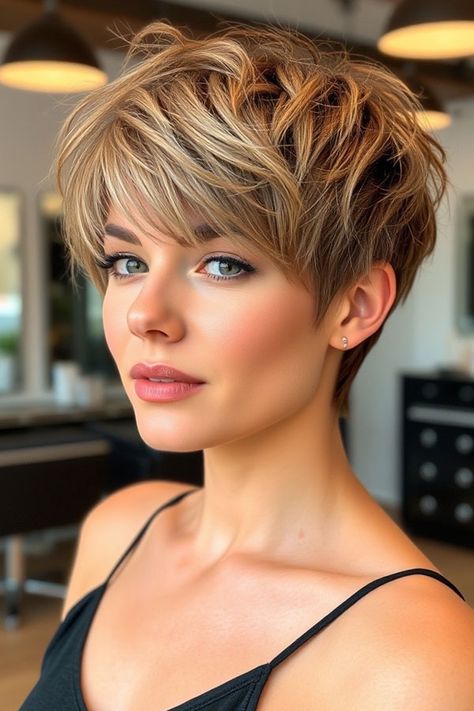 Textured Blonde Pixie, Messy Pixie Hairstyles for a Carefree Look, pixie haircut Caramel Pixie Haircut, Pixie Cut Blonde Highlights, Pixie Haircut Highlights, Dark Blonde Pixie Haircut, Dark Blonde Pixie, Short Edgy Pixie Haircut, Feathered Pixie Haircut, Messy Pixie Hairstyles, Pixie With Long Bangs