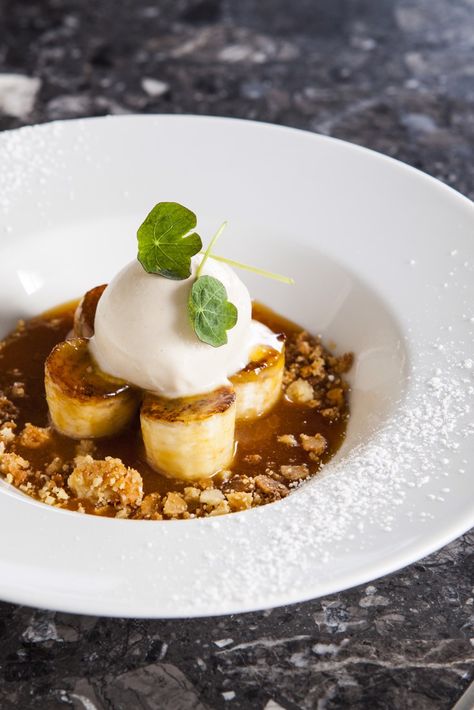 Caramelised Banana Dessert Recipe - Great British Chefs Bbq Banana Dessert, Banana Dessert Fine Dining, Dessert Ideas For Restaurant, Desserts Fine Dining, Banoffee Recipe, Modern Desserts, Dairy Free Deserts, Dessert Night, Banana Toffee