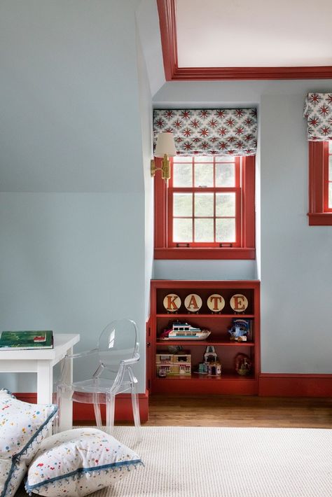 Farmhouse Kids Room, Red Kids Rooms, Boy Room Red, Sarah Winchester, Playroom Paint, Blue Playroom, Light Blue Walls, Kids Bedroom Inspiration, House Bedrooms