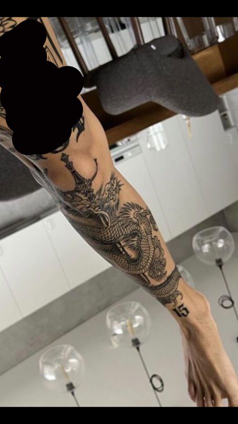 Dragon Tattoo Leg, Tattoed Guys, Japanese Hand Tattoos, Leg Tats, Mens Body Tattoos, Lower Leg Tattoos, Dragon Tattoos For Men, Shin Tattoo, Full Leg Tattoos