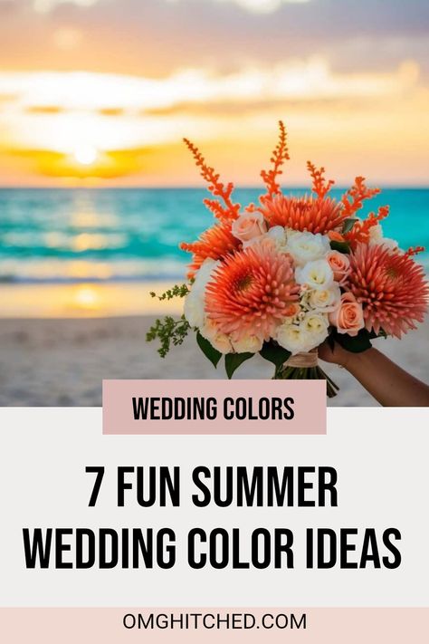 Planning a summer wedding? Discover these 7 fun and cheerful color ideas that will make your big day shine! From bright coral to refreshing turquoise, these vibrant hues will create stunning decorations, gorgeous floral arrangements, and unforgettable memories for you and your guests. Imagine a beach wedding with coral-colored flowers blooming against a golden sunset by the turquoise sea! Save your favorites and follow for more delightful wedding tips to add even more joy to your special day! Rustic Beach Wedding Ideas, Beach Wedding Color Schemes, Best Wedding Hashtags, Sunset Wedding Colors, Beach Wedding Colors Schemes, Rustic Beach Wedding, Wedding Color Ideas, Beach Wedding Colors, Golden Sunset