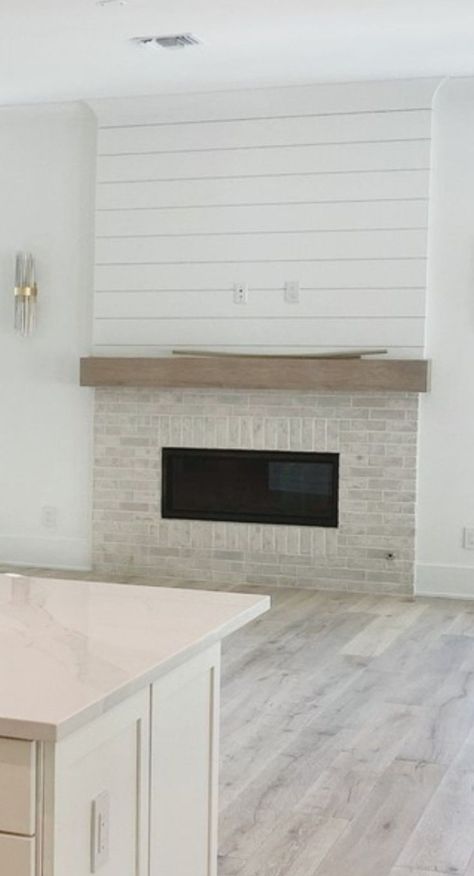 Half Stone Fireplace With Mantle, Fireplace Without A Hearth, Fireplace Flush With Wall, Shiplap And Stone Fireplace, Stone And Shiplap Fireplace, Flat Fireplace Wall Ideas, Kitchen Renovation Design, Bedroom Decoration Ideas, Brick Fireplace Makeover