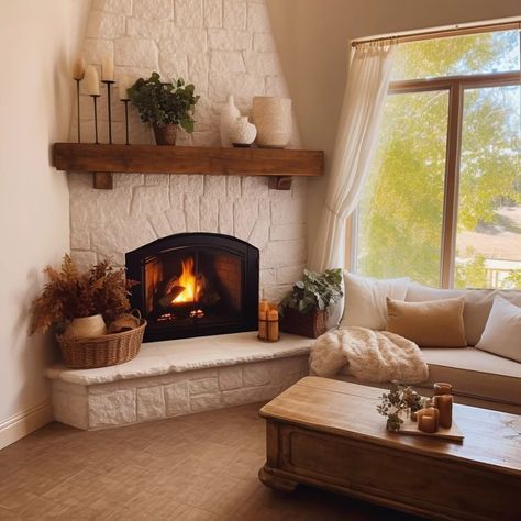 How To Decorate With A Corner Fireplace, Corner Fireplace Sitting Area, Fireplace Design Corner, Corner Fireplace Barndominium, Corner Fireplace With Bench, Cozy Basement With Fireplace, Indoor Corner Fireplace, Corner Gas Stove Fireplace Ideas, Farmhouse Fireplace Corner