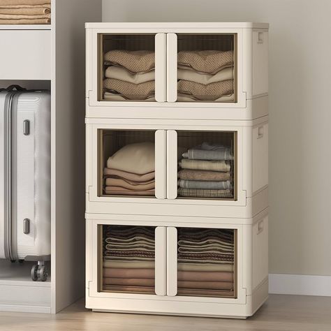 Amazon.com - eShelf Stackable Storage Bins with Lids, Collapsible Storage cabinets with Doors and Wheels, 228 QT-3 Pack Closet Organizers and Storage for Home, Closet, Dorm, White, 25" L x 15.5" W x 42.5" H Out Of Season Clothes Storage, Small Room Clothing Storage, Bedroom Clothing Storage Ideas, Tiny House Clothes Storage, Smart Storage For Small Spaces, Apartment Closet Storage, Clothes Storage Ideas For Small Spaces, Clothing Storage Ideas, Small Space Clothing Storage