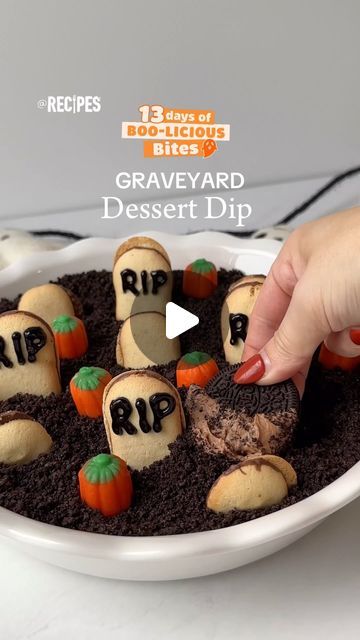 Recipes on Instagram: "Dip into the spookiest treat this Halloween season 👻 This Graveyard Dessert Dip is incredibly easy & terrifyingly tasty.

-8 oz. cream cheese
-5 tbsp. butter, softened
-1/3 cup cocoa powder
-1 tbsp. chocolate syrup
-3 tbsp. heavy cream
-1.5 cups powdered sugar
-1/2 container Cool Whip
-10 Oreos, crushed
-Milano cookies for garnish
-black food gel
-candy pumpkins
-Oreos and graham crackers for dipping

#graveyarddessertdip #dessertdip #halloweendesserts #halloween #chocolate #oreos" Halloween Cookie Dip, Graveyard Dessert, Candy Pumpkins, Milano Cookies, Dessert Dip, Cream Cheese Desserts, Crushed Oreos, Spooky Treats, Halloween Chocolate