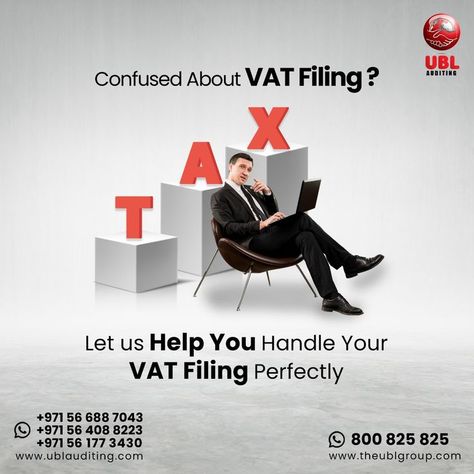 VAT filing is an integral part for businesses in the UAE. It will be a hectic task for a company to calculate its VAT rate and file on proper time. With UBL Auditing our experts auditors file your VAT after precise calculation and on proper date. Make your perfect VAT filing with UBL Auditing. . . . Contact us now! 📞+971 56 688 7043 📞+971 56 177 3430 📞+971 56 408 8223 🌐 https://ublauditing.com/ . . #businessservicesdubai #financalreports Tax Creative Ads, Digital Advertising Ideas, Vishu Greetings, Tax Deadline, Online Bookkeeping, Tax Consulting, Tax Day, Happy Gandhi Jayanti, Digital Marketing Design