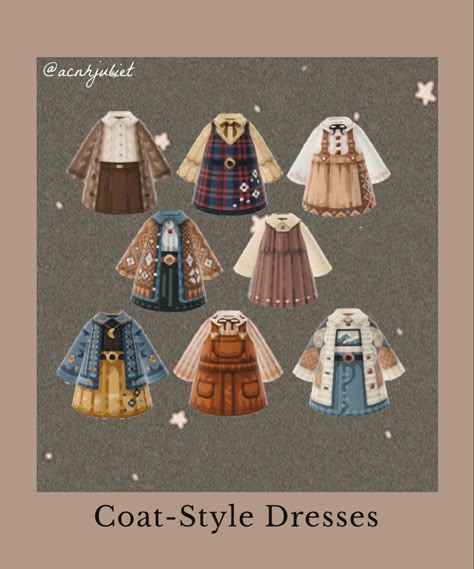 Clothes For Animal Crossing, Animal Crossing Vintage Clothes, Animal Crossing Design Codes Dress, Winter Clothes Animal Crossing, Animal Crossing Outfit Codes Winter, Winter Animal Crossing Outfits, Grunge Animal Crossing Outfits, Acnh Clothes Design Id Winter, Aesthetic Animal Crossing Outfits