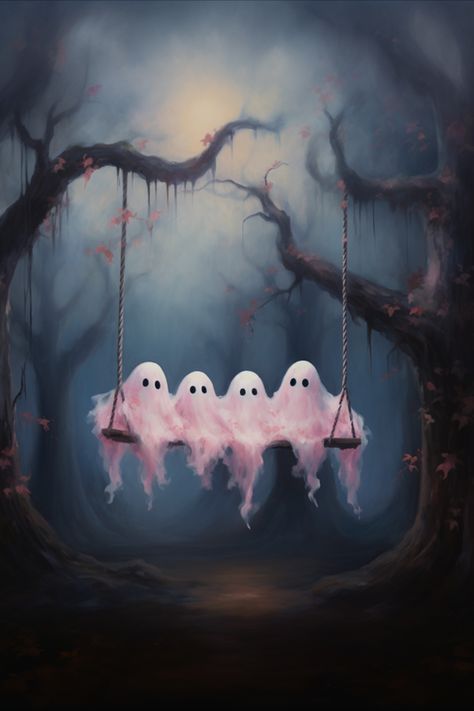 Cute Ghosts on Swing Ghost Wallpaper Cute, Cute Halloween Backgrounds, Cute Ghost Wallpaper, Halloween Art Drawing, Ghost Wallpapers, Ghosts Art, Haunted House Drawing, Ghost Paintings, Funny Ghosts