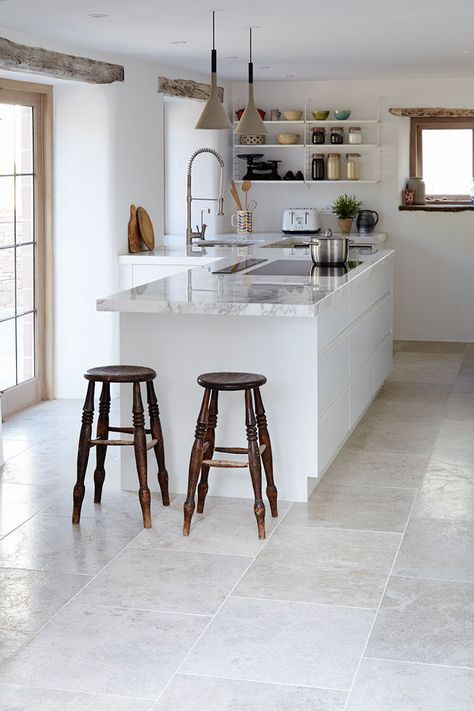 Grey Tile Kitchen Floor, Grey Kitchen Tiles, Kitchen Floor Tiles Ideas, Grey Floor Tiles, Limestone Flooring, Floor Tile Design, Kitchen Floor Tile, Grey Flooring, Grey Kitchens