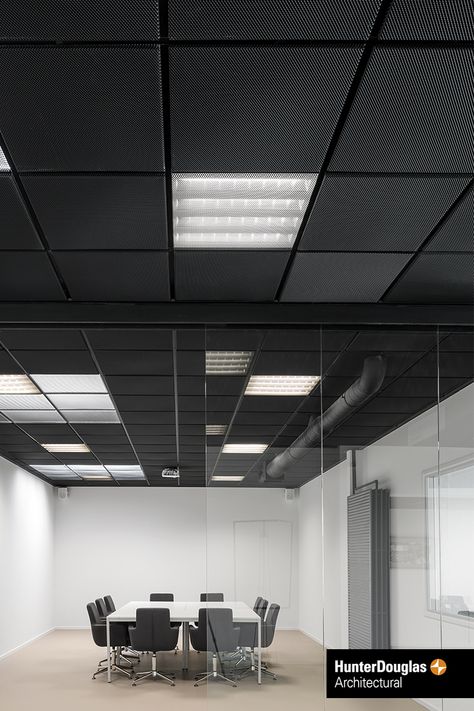 Black Suspended Ceiling, Ceiling Grid Design, Grid Ceiling Design, Metal Ceiling Design, Black Ceiling Office, Office Industrial Design, Drop Ceiling Makeover, Black Ceiling Tiles, Office Ceiling