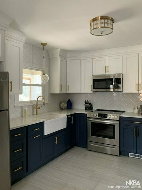 2 Colored Cabinets In Kitchen, Kitchen Blue Bottom White Top, Painted Cabinets Kitchen Two Toned, Navy Blue And White Kitchen Ideas, Blue Two Toned Kitchen Cabinets, Kitchen Cabinet Color Ideas Two Tone Blue, Kitchen Remodel Cabinets Colors, 2 Cabinet Colors In Kitchen, Two Tone Farmhouse Kitchen