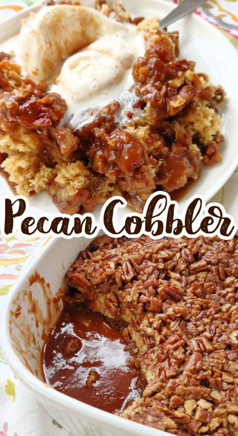 An easy, homemade dessert recipe with a warm, gooey butterscotch/caramel sauce that’s baked-in under a pecan-studded cake layer as the cobbler bakes. Southern Desserts Easy, Pecan Cobbler Recipe Easy, Southern Fall Recipes, Caramel Pecan Desserts, Cajun Dessert Recipes, Easy Cobbler Recipes, Fall Cobbler, Casserole Desserts, Friendsgiving Dessert Ideas